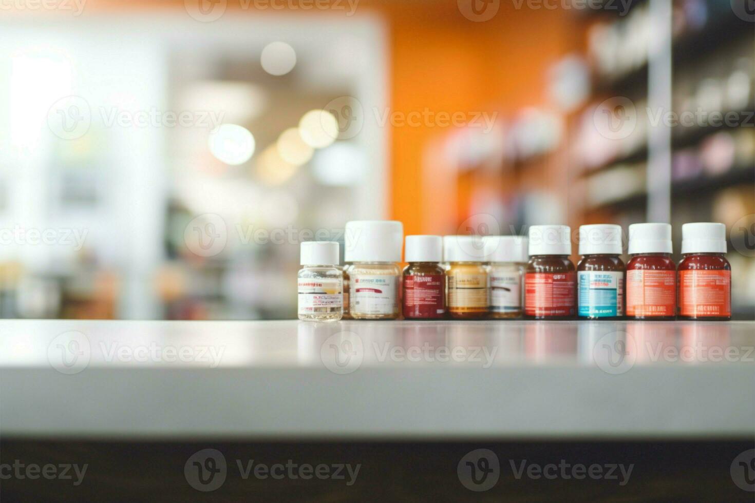 Pharmacy store counter, featuring a backdrop of blurred medication shelves AI Generated photo