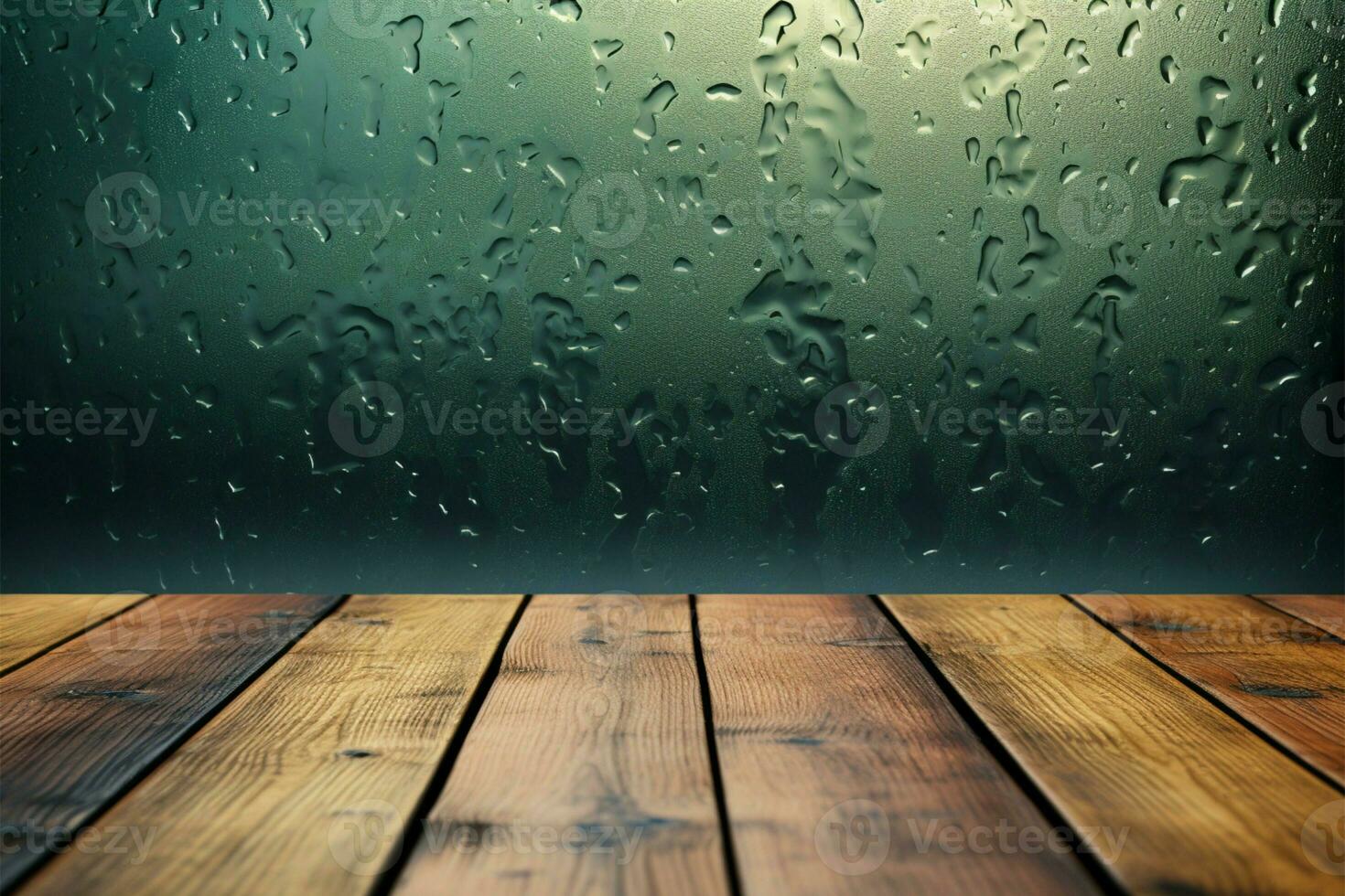 Rain splattered window forms a backdrop to a rustic wooden table AI Generated photo