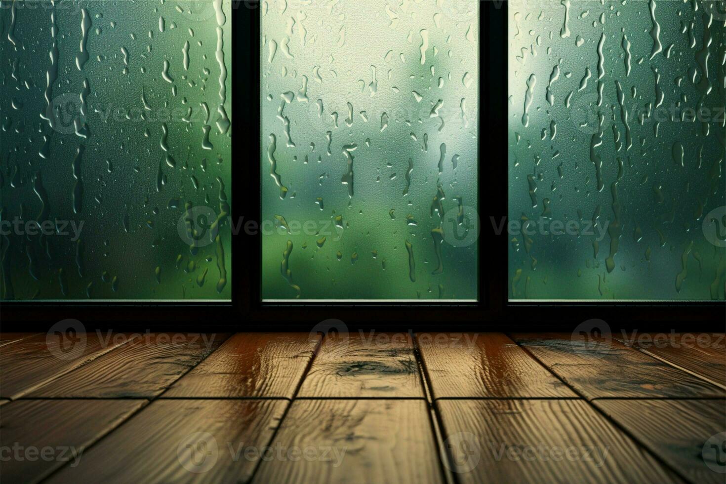 Rain kissed windowpanes create an ambiance for the rustic wooden table AI Generated photo