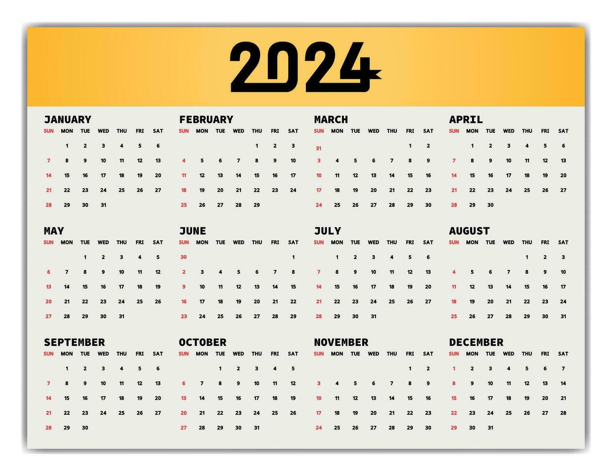 Calendar 2024 new year single page 12 month annual calendar template. Monthly yearly calendar layout ready to print. 2024 annual calendar grid wall or desk layout. Planner for 2024 year, diary. vector