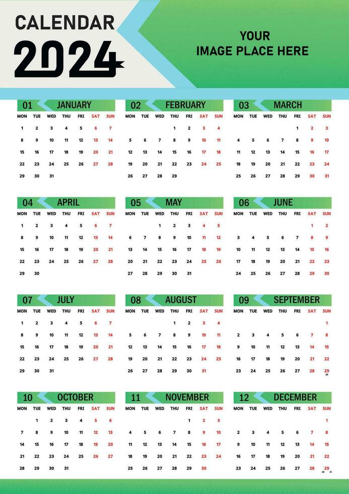 Wall Calendar 2024 new year single page 12 month annual calendar template. Monthly yearly calendar layout ready to print. 2024 annual calendar grid wall or desk layout. Planner for 2024 year, diary. vector