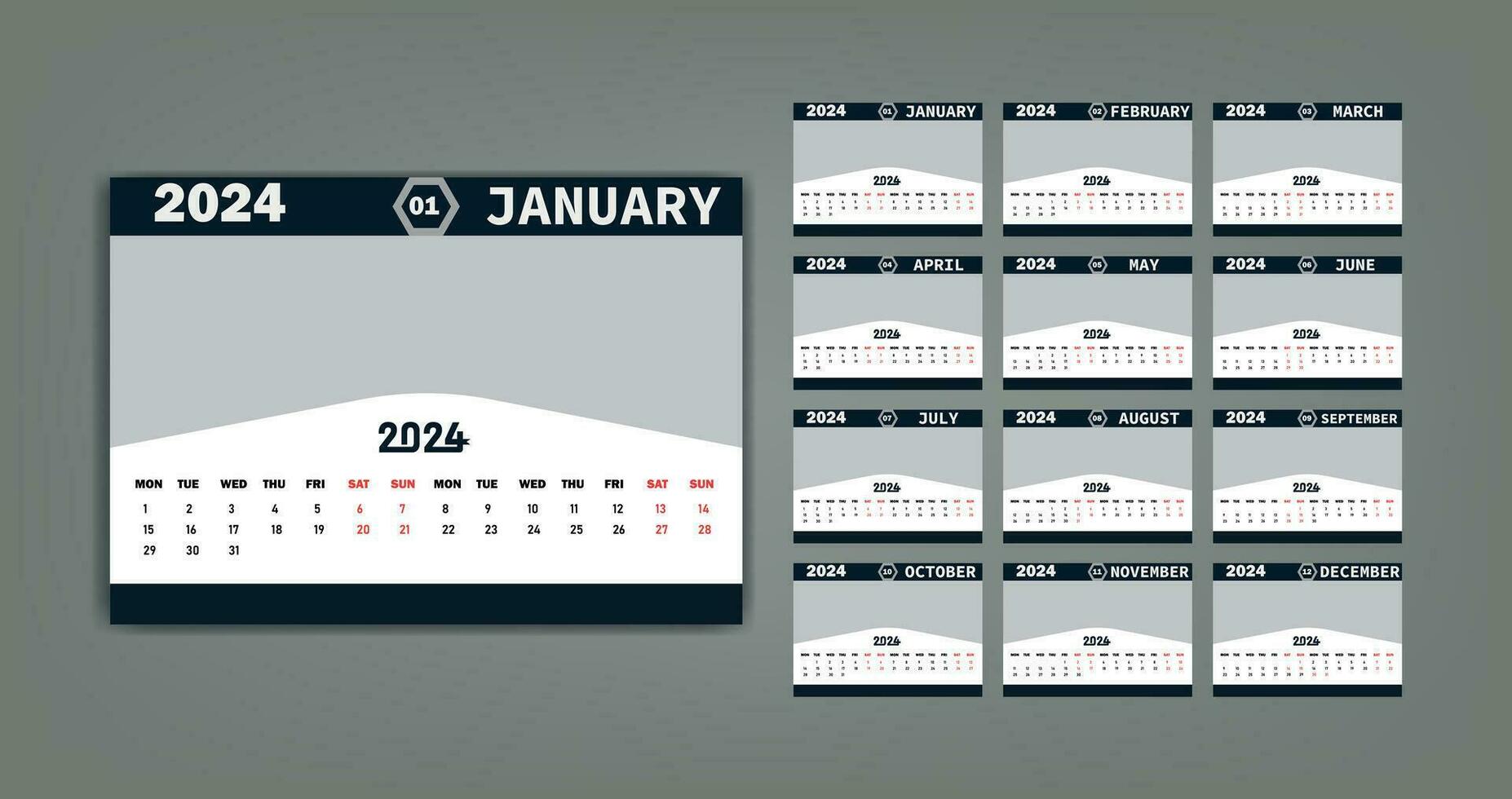 Desk Calendar 2024 new year single page 12 month annual calendar template. Monthly yearly calendar layout ready to print. 2024 annual calendar grid wall or desk layout. Planner for 2024 year, diary. vector