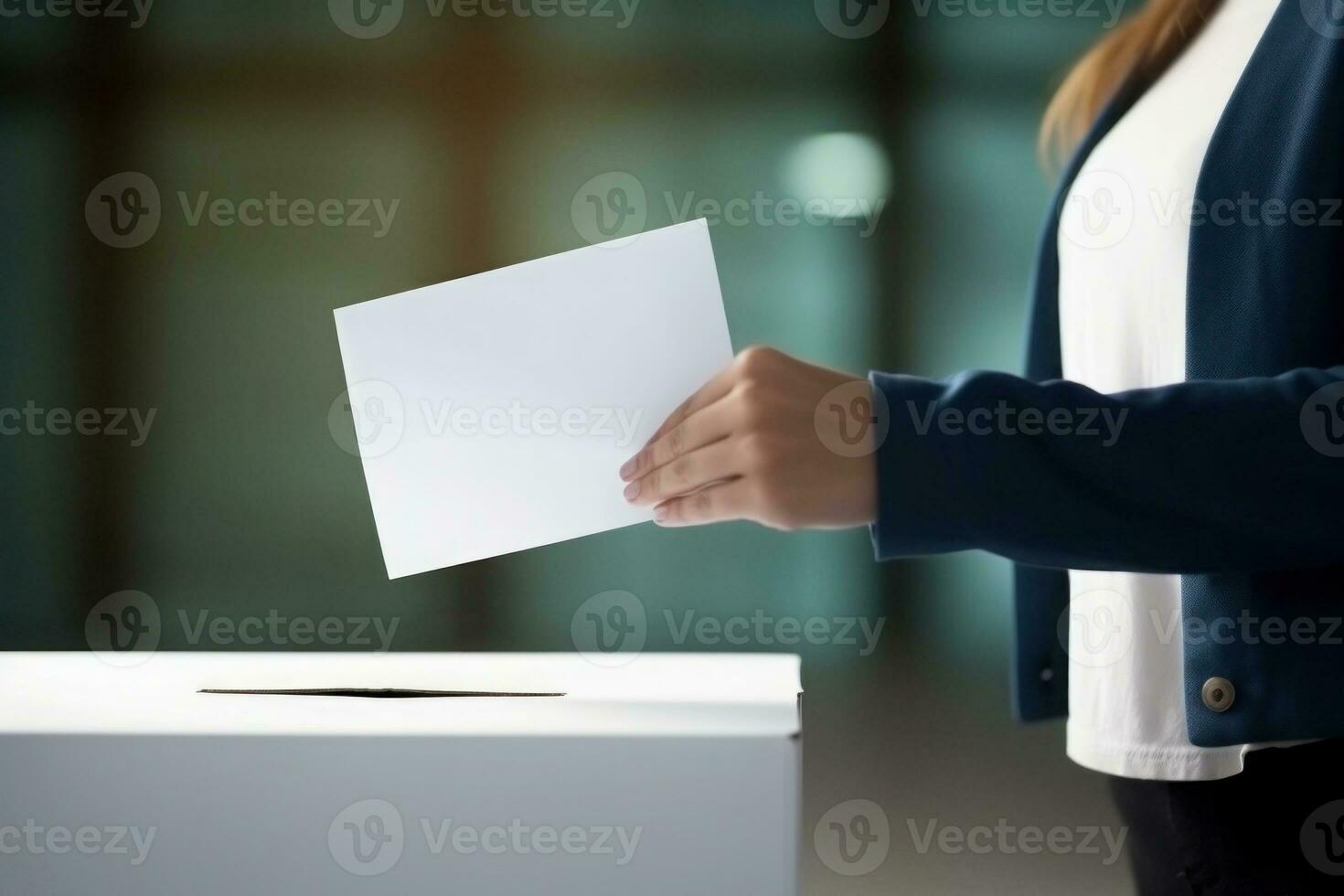 hembra votante mano poniendo boletín en votación caja. generativo ai foto