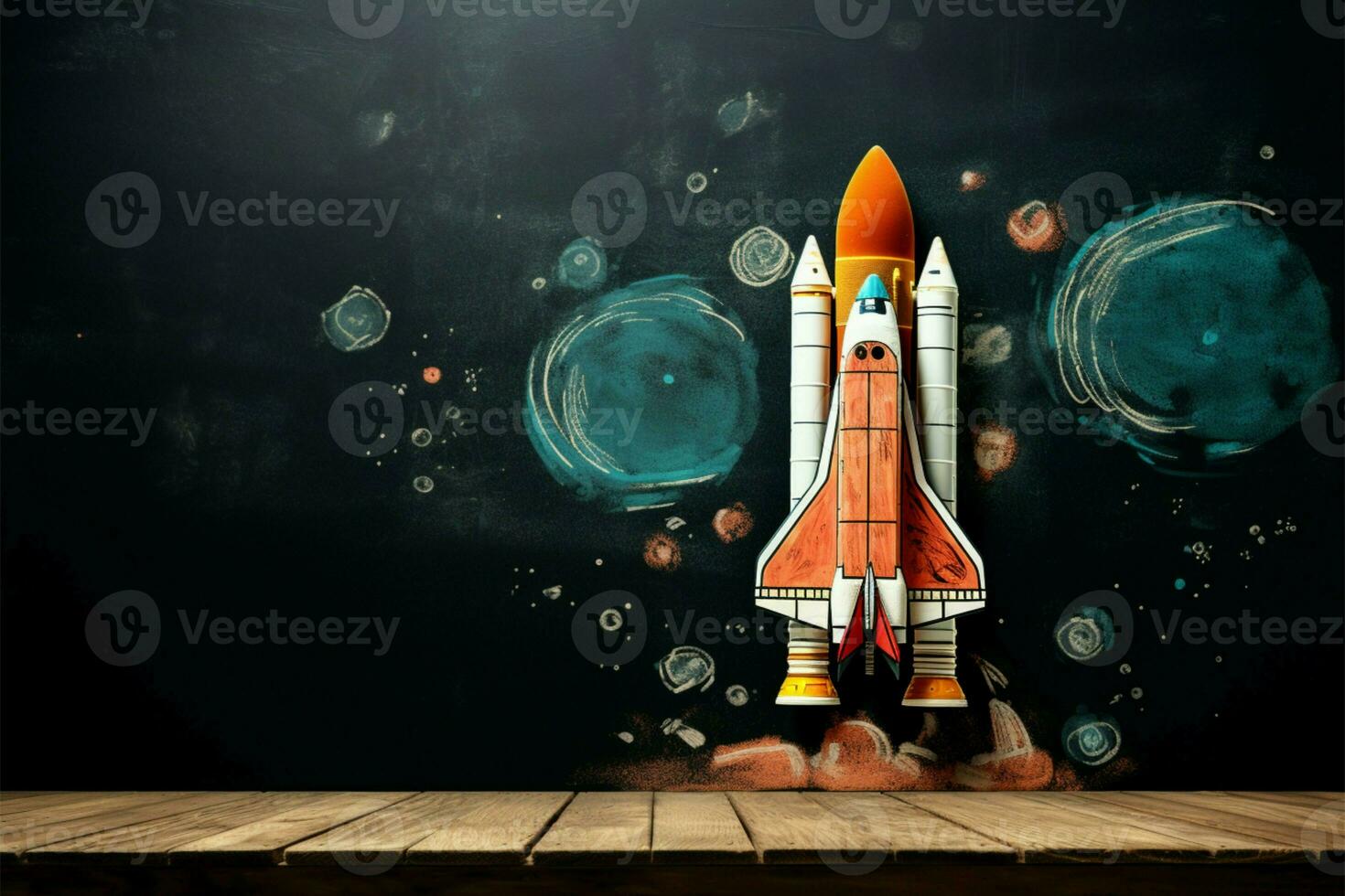 Retro rocket chalk drawing on grunge chalkboard table for educational displays AI Generated photo