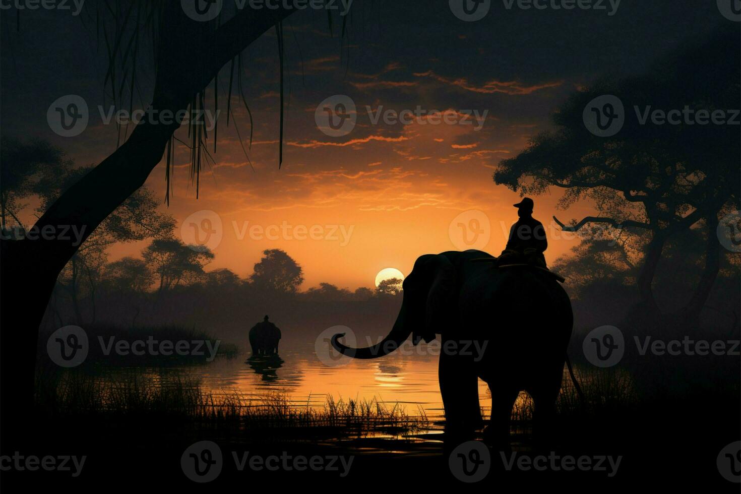 Silhouette of a mahout riding an elephant beneath a tree, pre dawn AI Generated photo