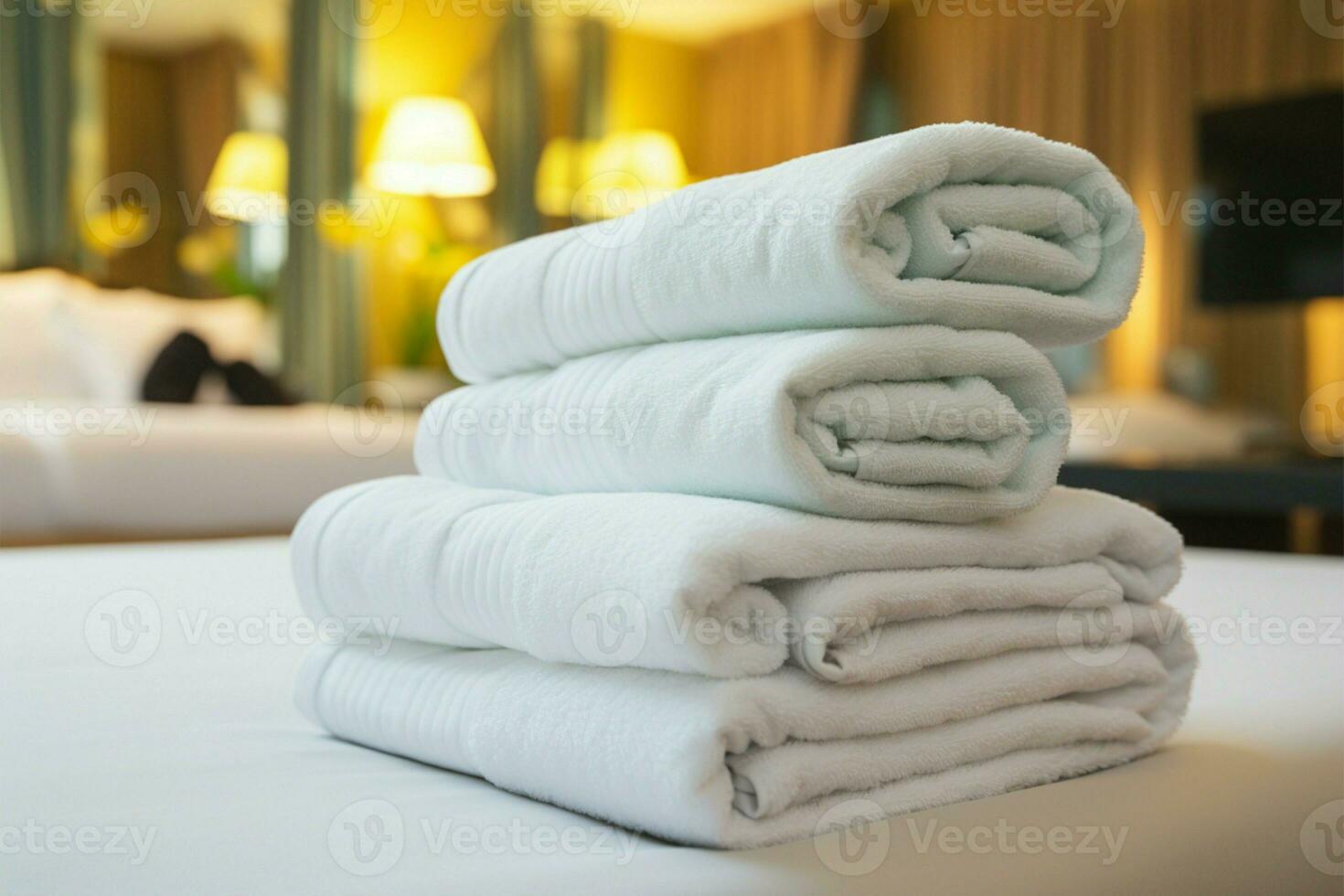 Serene resort setting A neatly folded white towel rests gracefully AI Generated photo