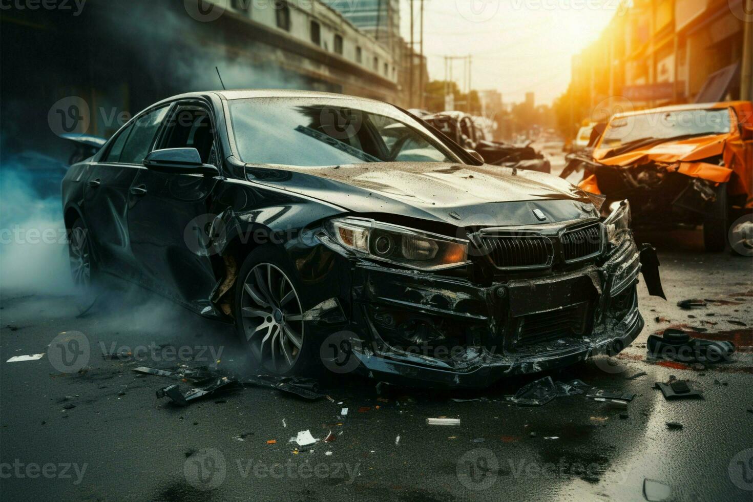 la carretera accidente involucrando vehículos en un angustioso coche colisión escena ai generado foto