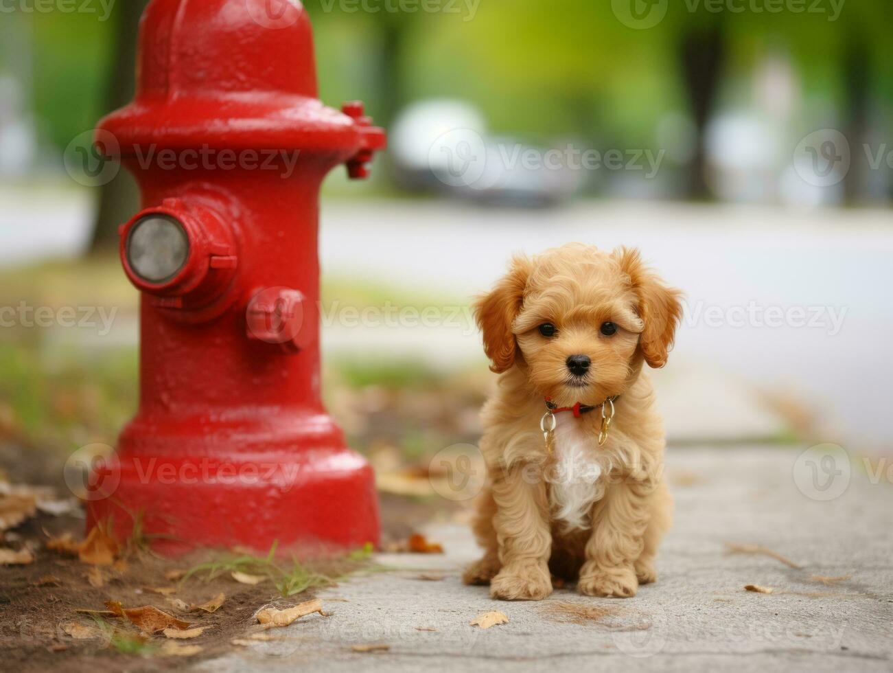 Cute puppy sitting by a fire hydrant AI Generative photo