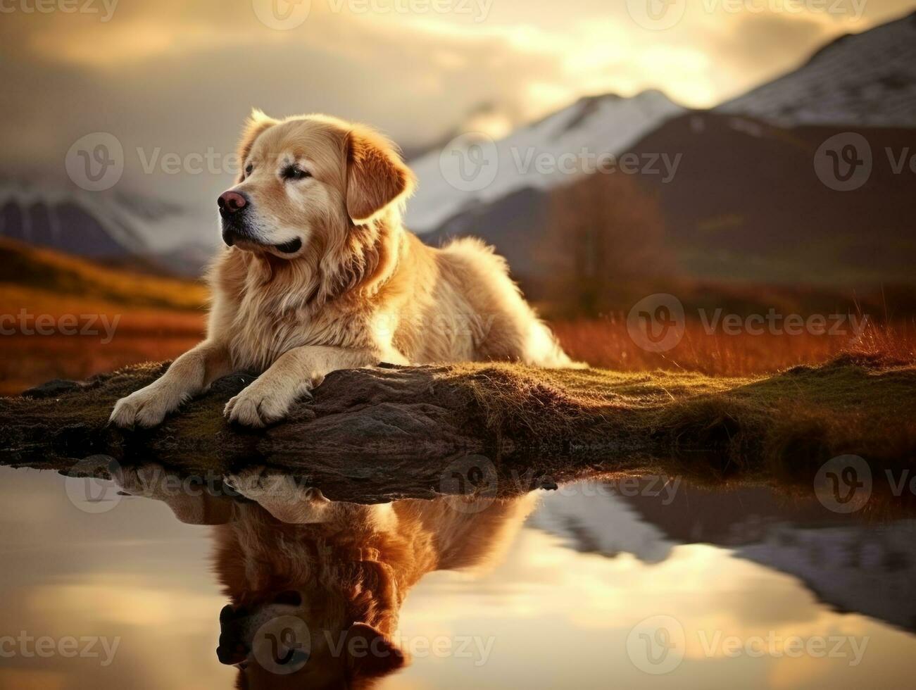 Dog and its reflection in a calm pond AI Generative photo