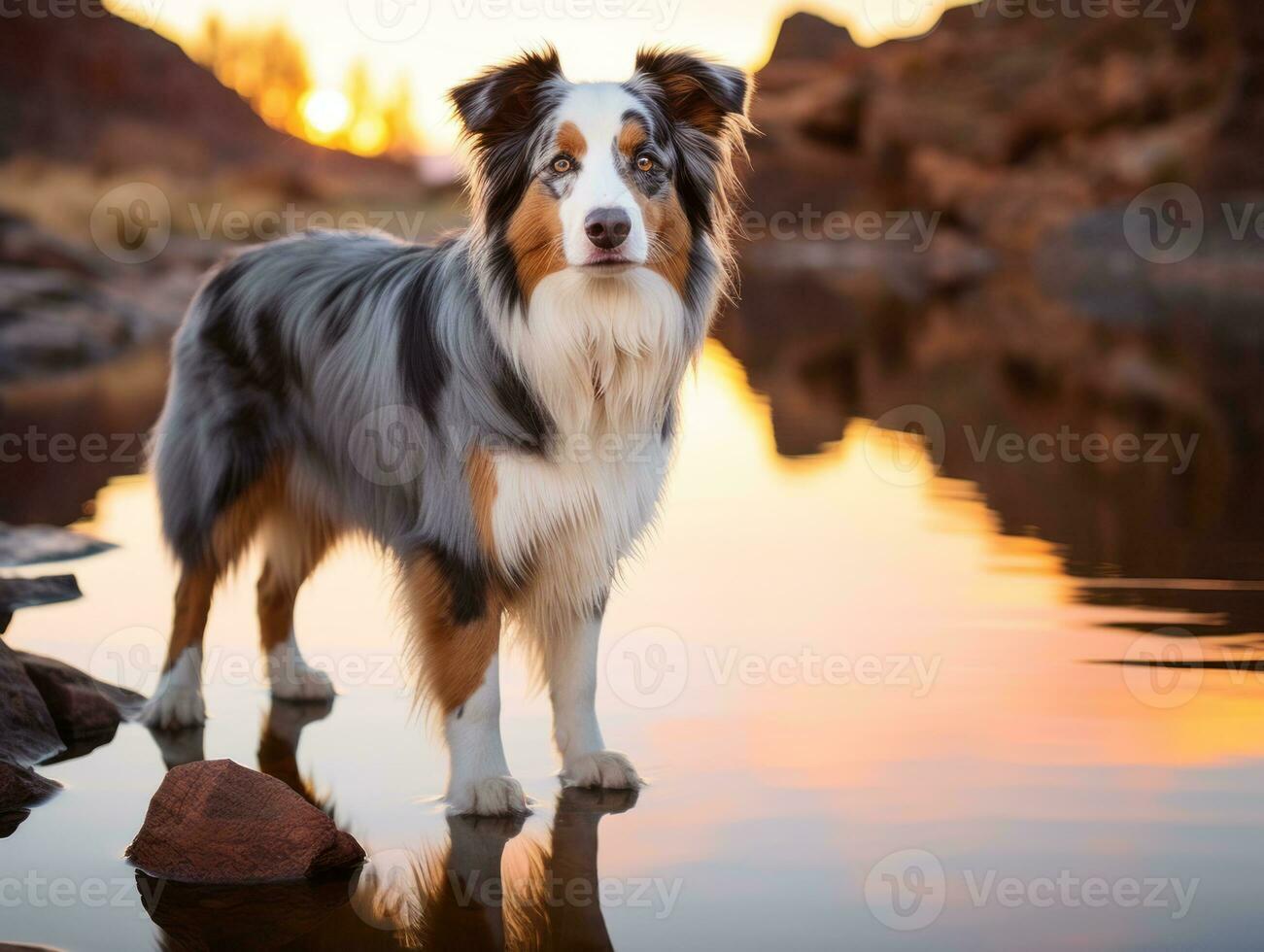 Dog and its reflection in a calm pond AI Generative photo