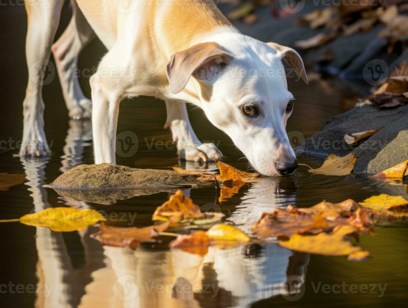 Dog and its reflection in a calm pond AI Generative photo