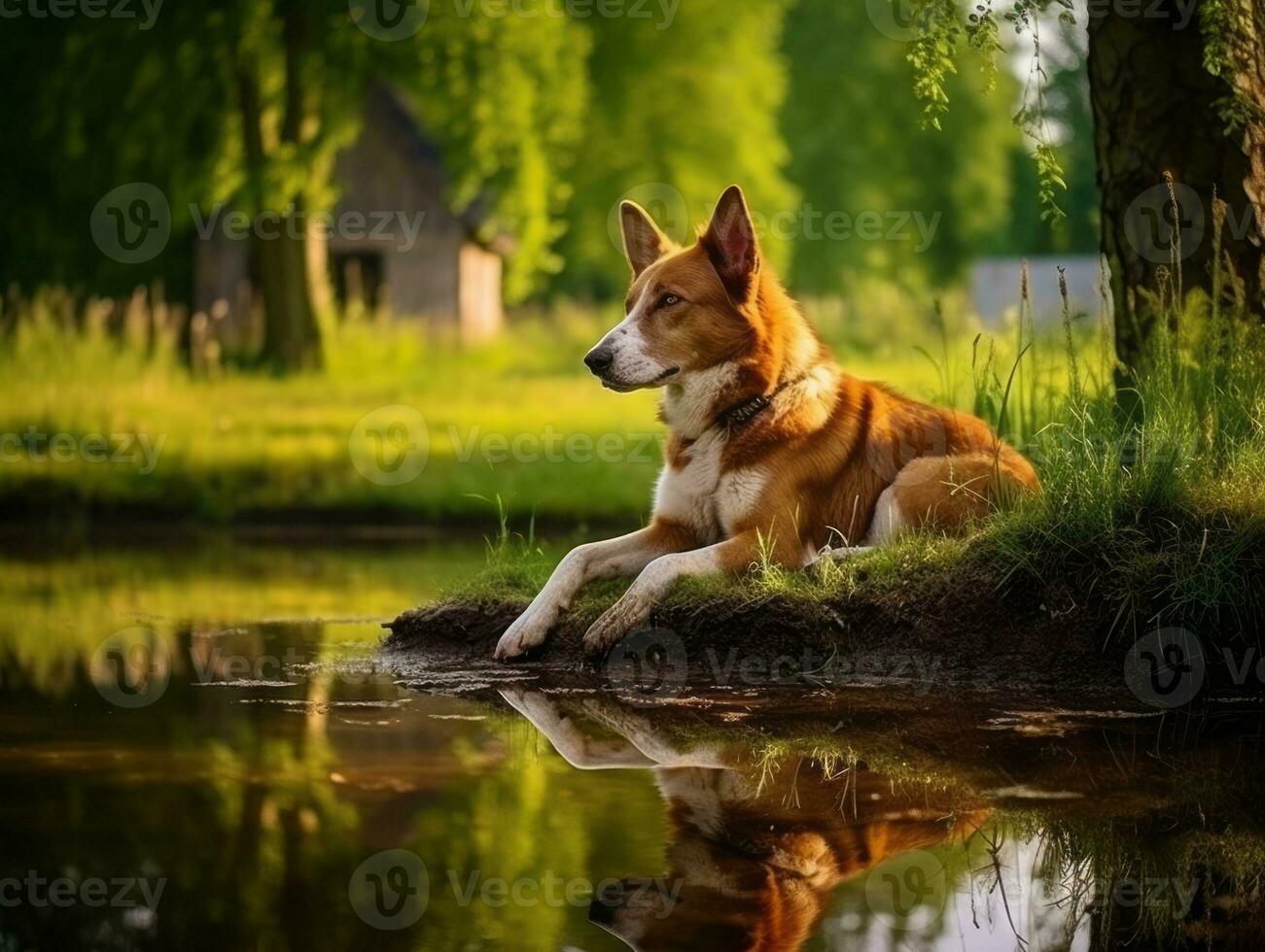 Dog and its reflection in a calm pond AI Generative photo
