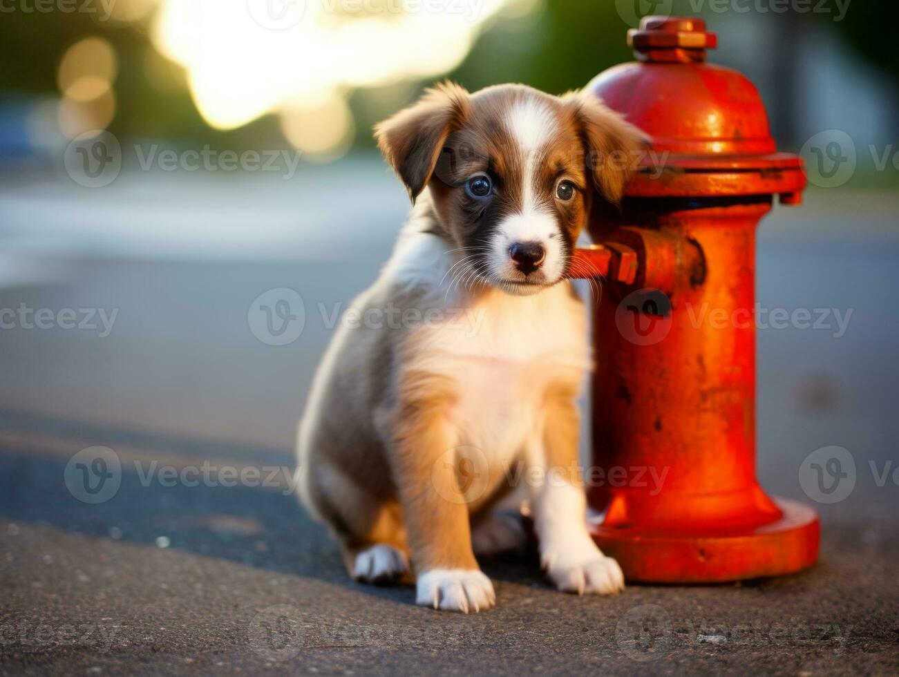 Cute puppy sitting by a fire hydrant AI Generative photo