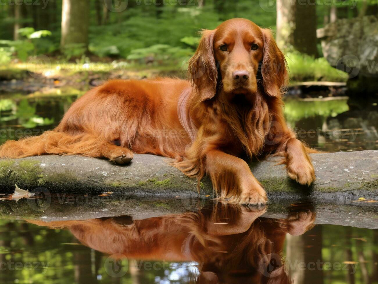 Dog and its reflection in a calm pond AI Generative photo