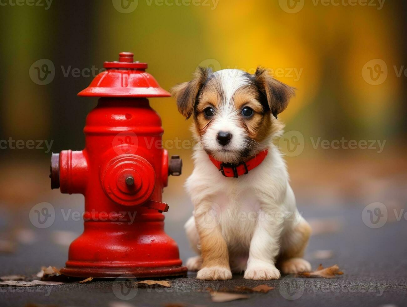 Cute puppy sitting by a fire hydrant AI Generative photo