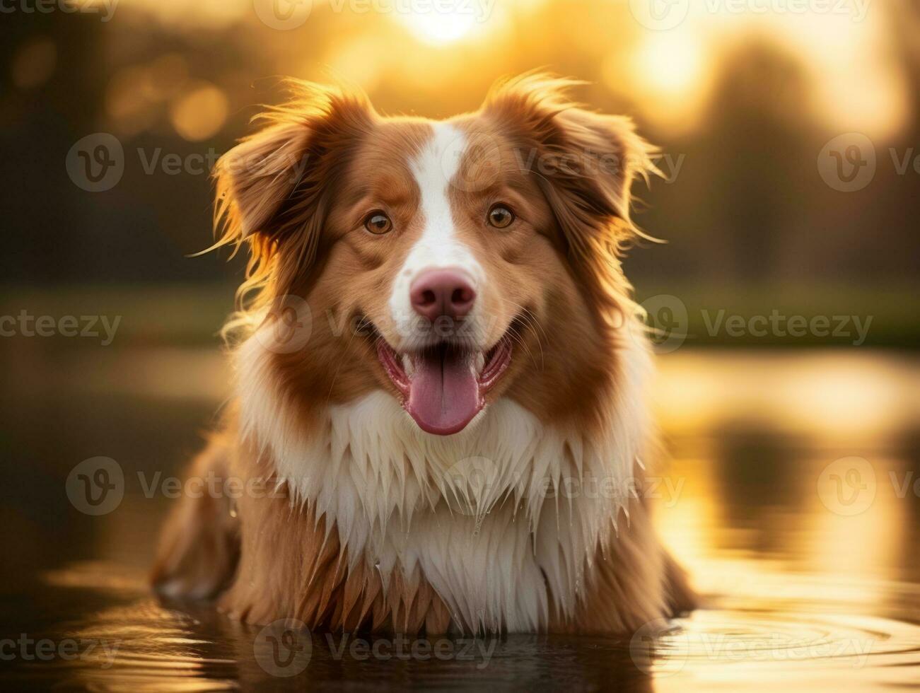 Dog and its reflection in a calm pond AI Generative photo