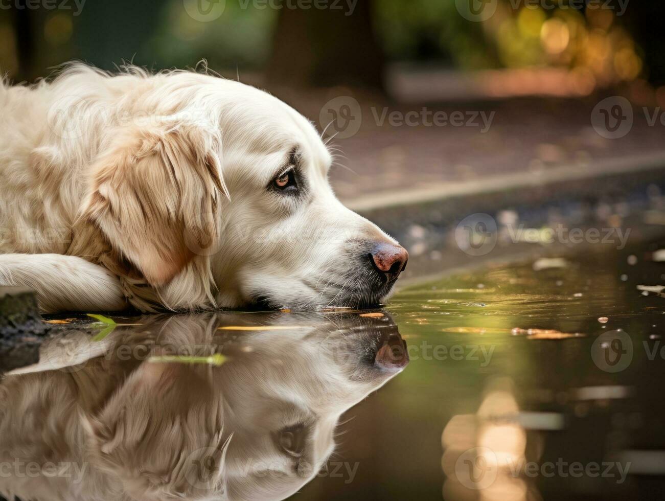 Dog and its reflection in a calm pond AI Generative photo