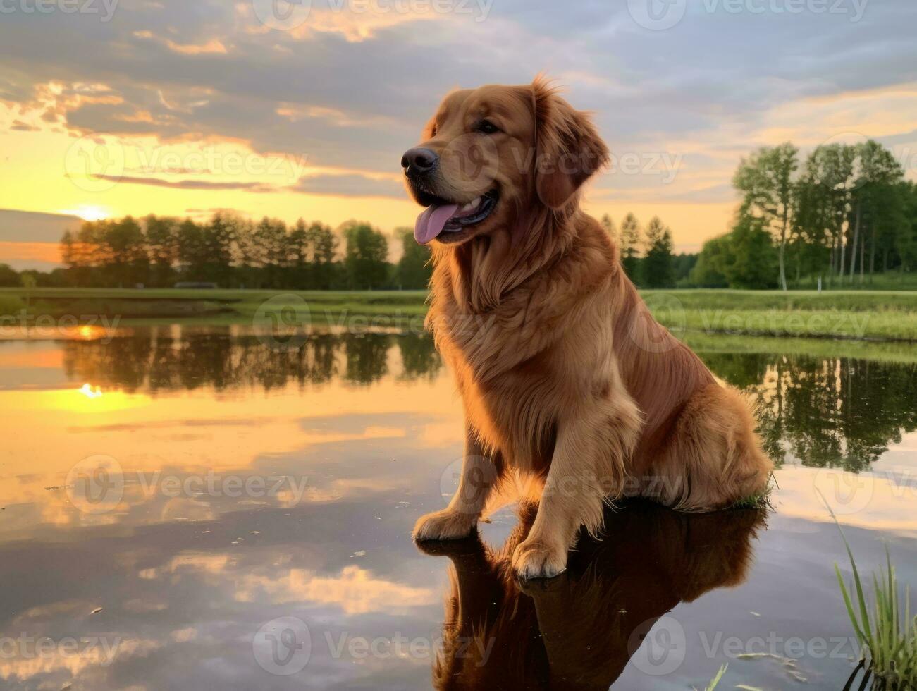 Dog and its reflection in a calm pond AI Generative photo