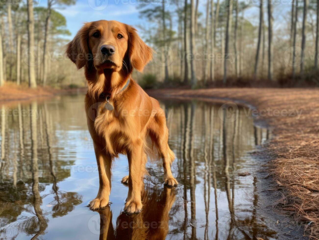 Dog and its reflection in a calm pond AI Generative photo