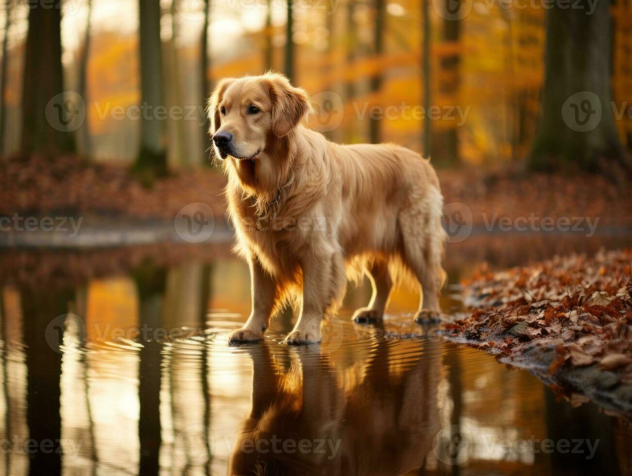 Dog and its reflection in a calm pond AI Generative photo
