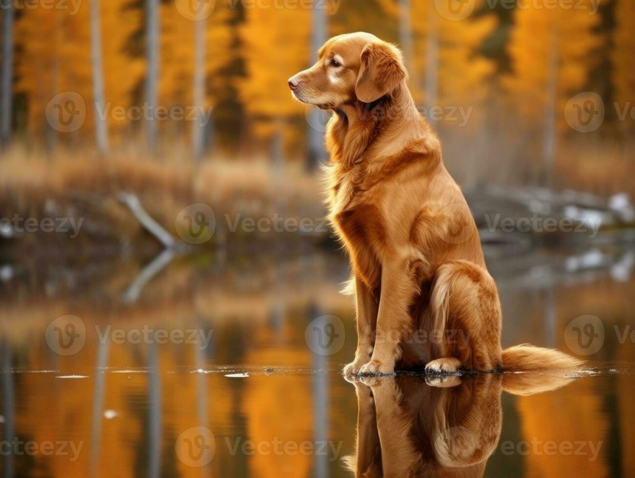 Dog and its reflection in a calm pond AI Generative photo