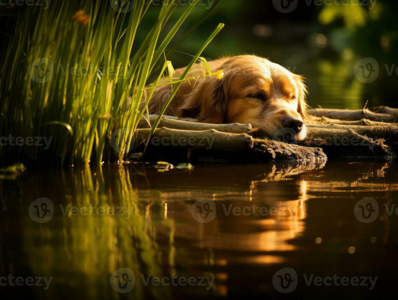 Dog and its reflection in a calm pond AI Generative photo