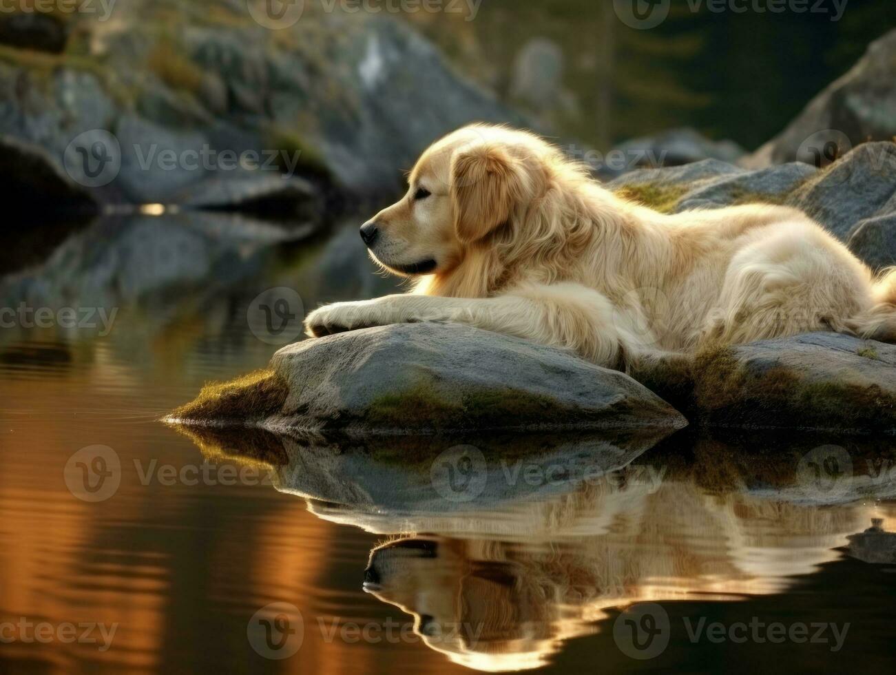 Dog and its reflection in a calm pond AI Generative photo