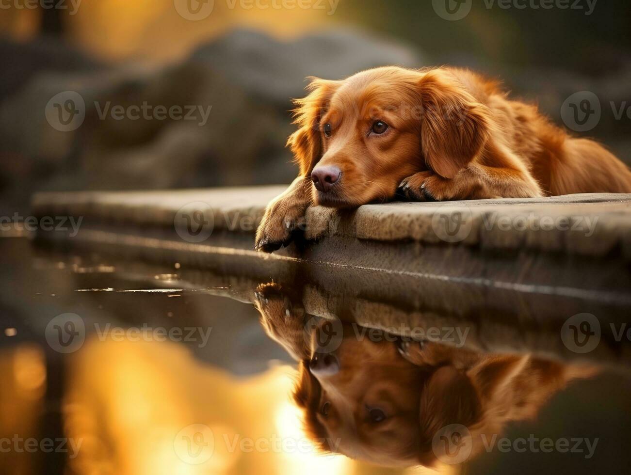 Dog and its reflection in a calm pond AI Generative photo