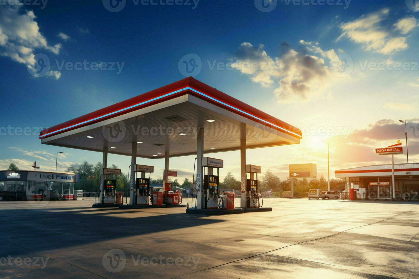 Petrol station under blue skies, fluffy clouds adding scenic charm AI Generated photo