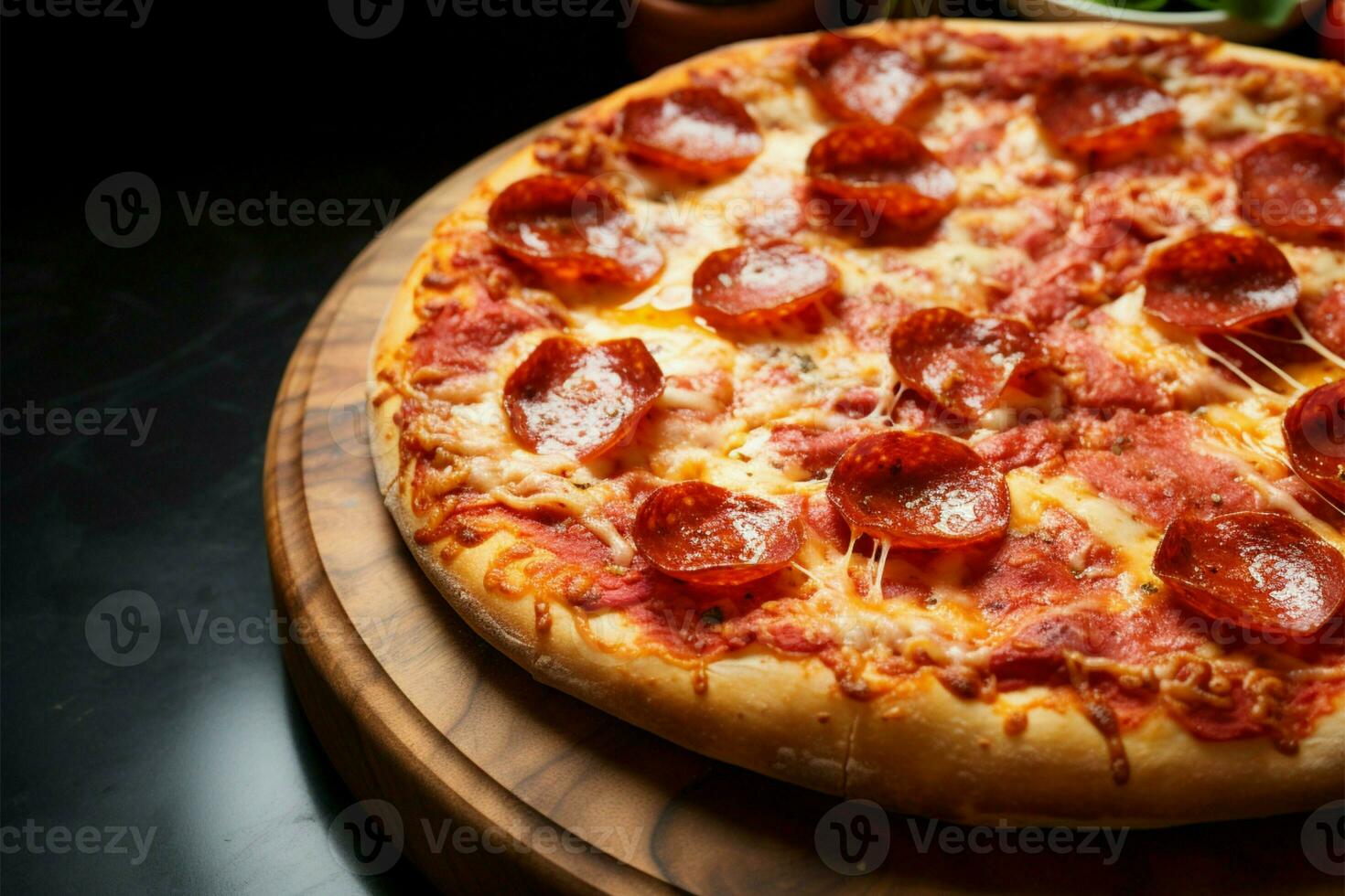 Pepperoni pizza in true Italian fashion, elegantly displayed on wood AI Generated photo