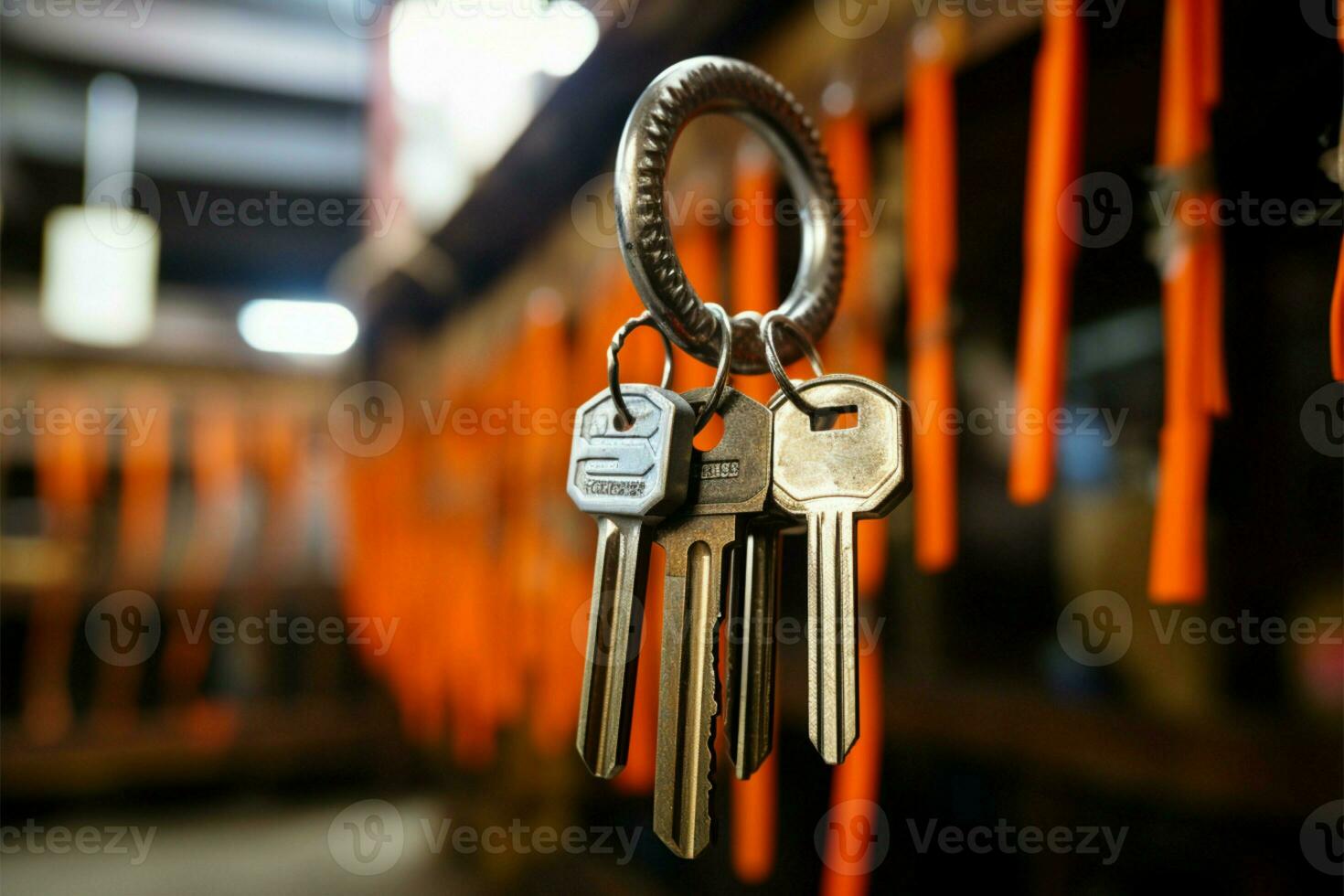 New key hung up in a locksmith shop, close up display AI Generated photo