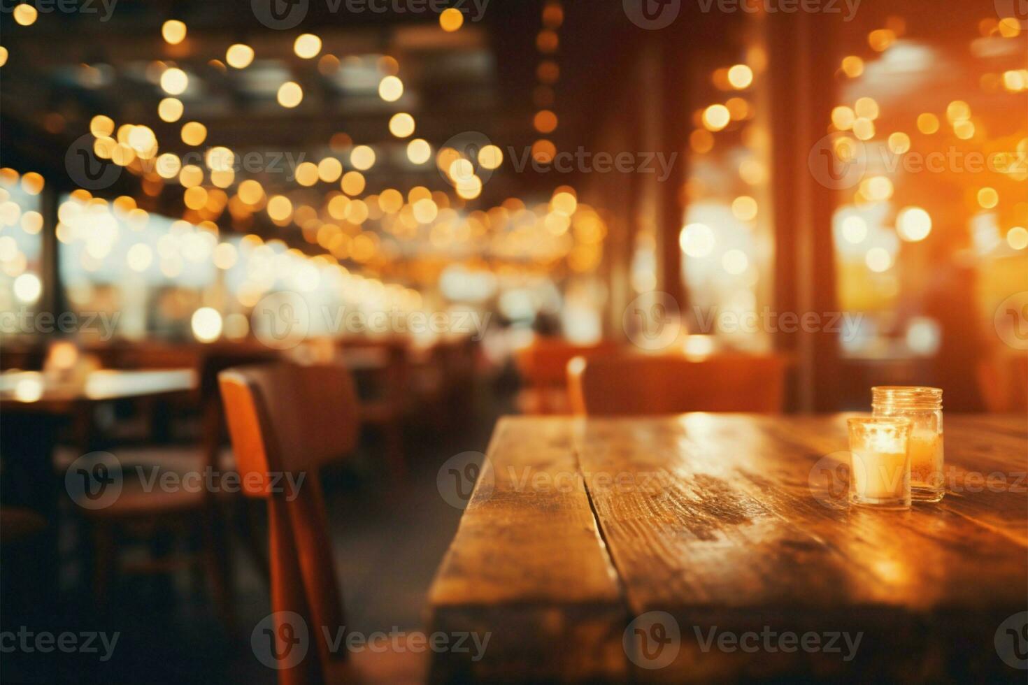 Restaurant ambiance, a blend of patrons, wooden tables, and bokeh AI Generated photo