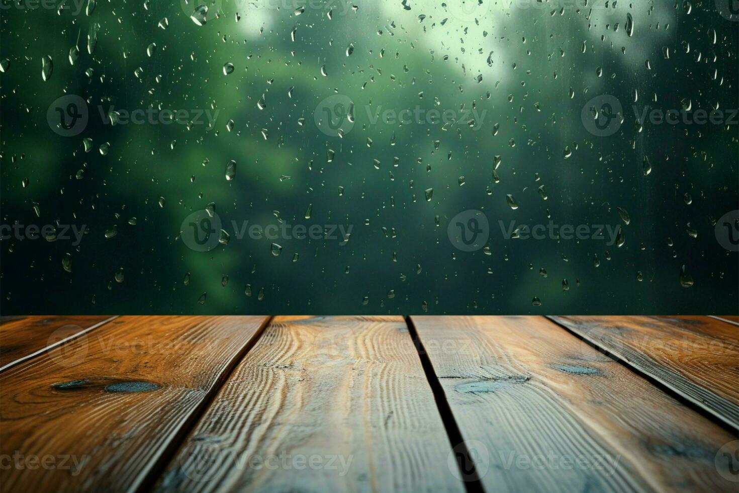 Rain splattered window forms a backdrop to a rustic wooden table AI Generated photo