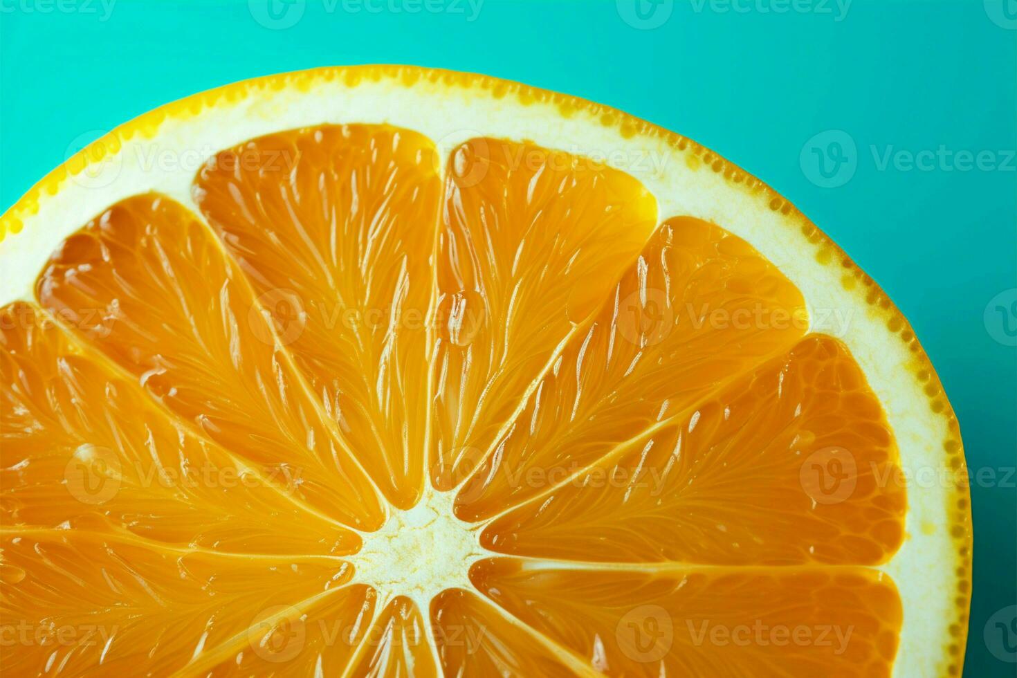 One vibrant orange slice on a turquoise green background, a zesty citrus texture AI Generated photo