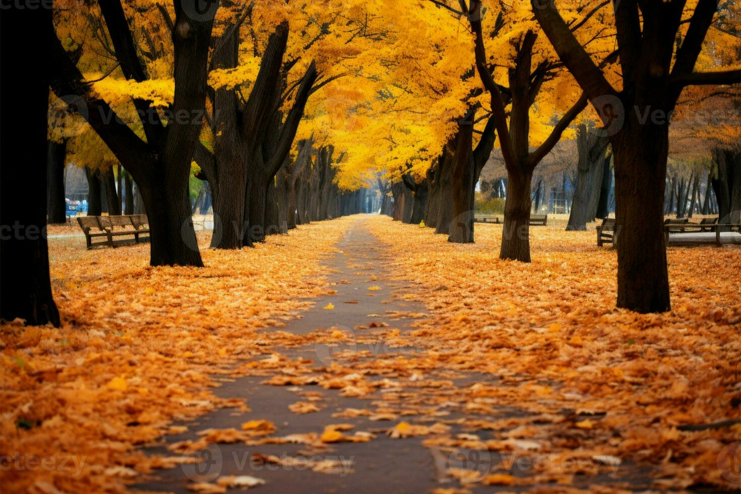 Maple leaves carpet the autumn park pathway in vibrant colors AI Generated photo