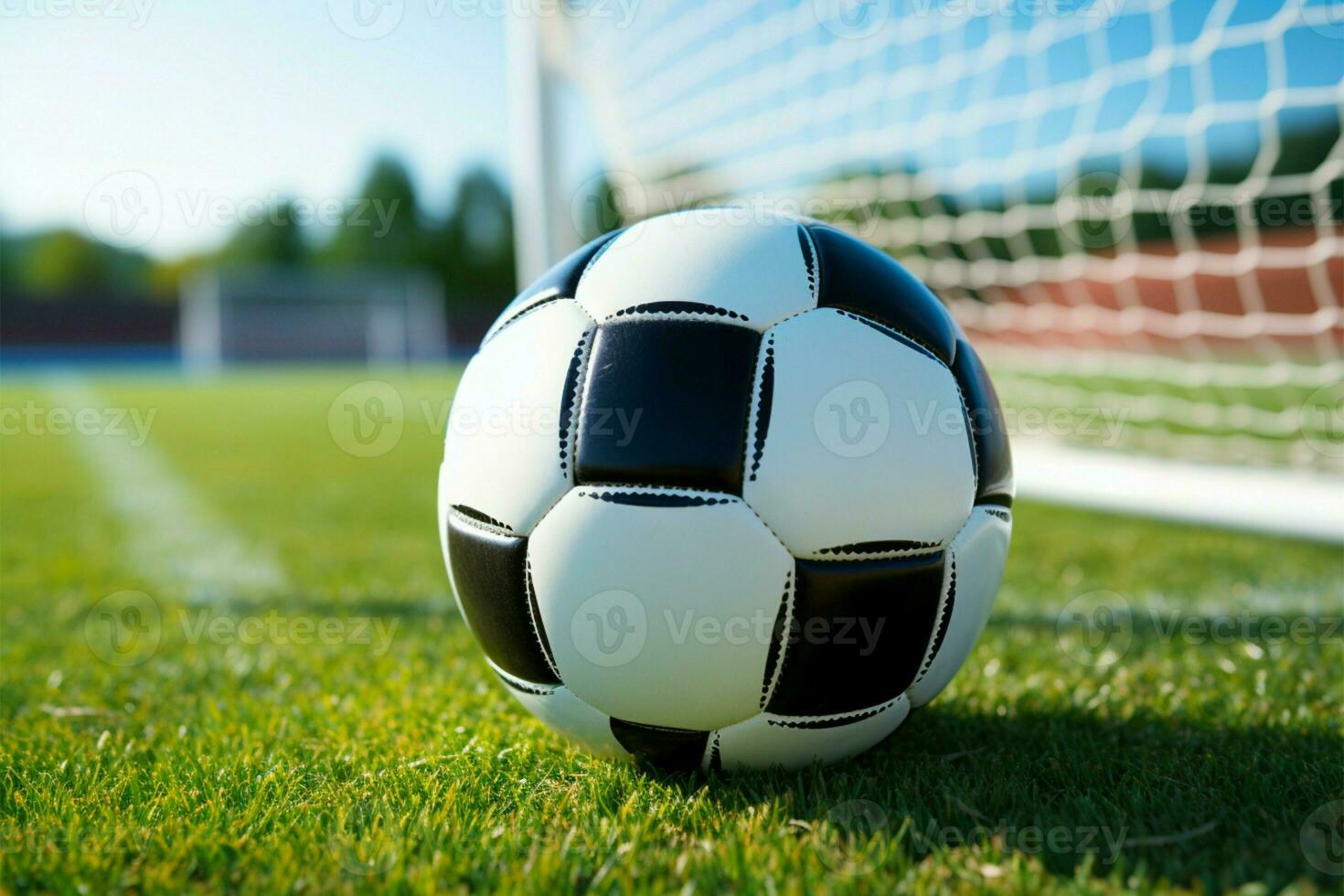 Iconic soccer ball placed on the well groomed sports field AI Generated photo