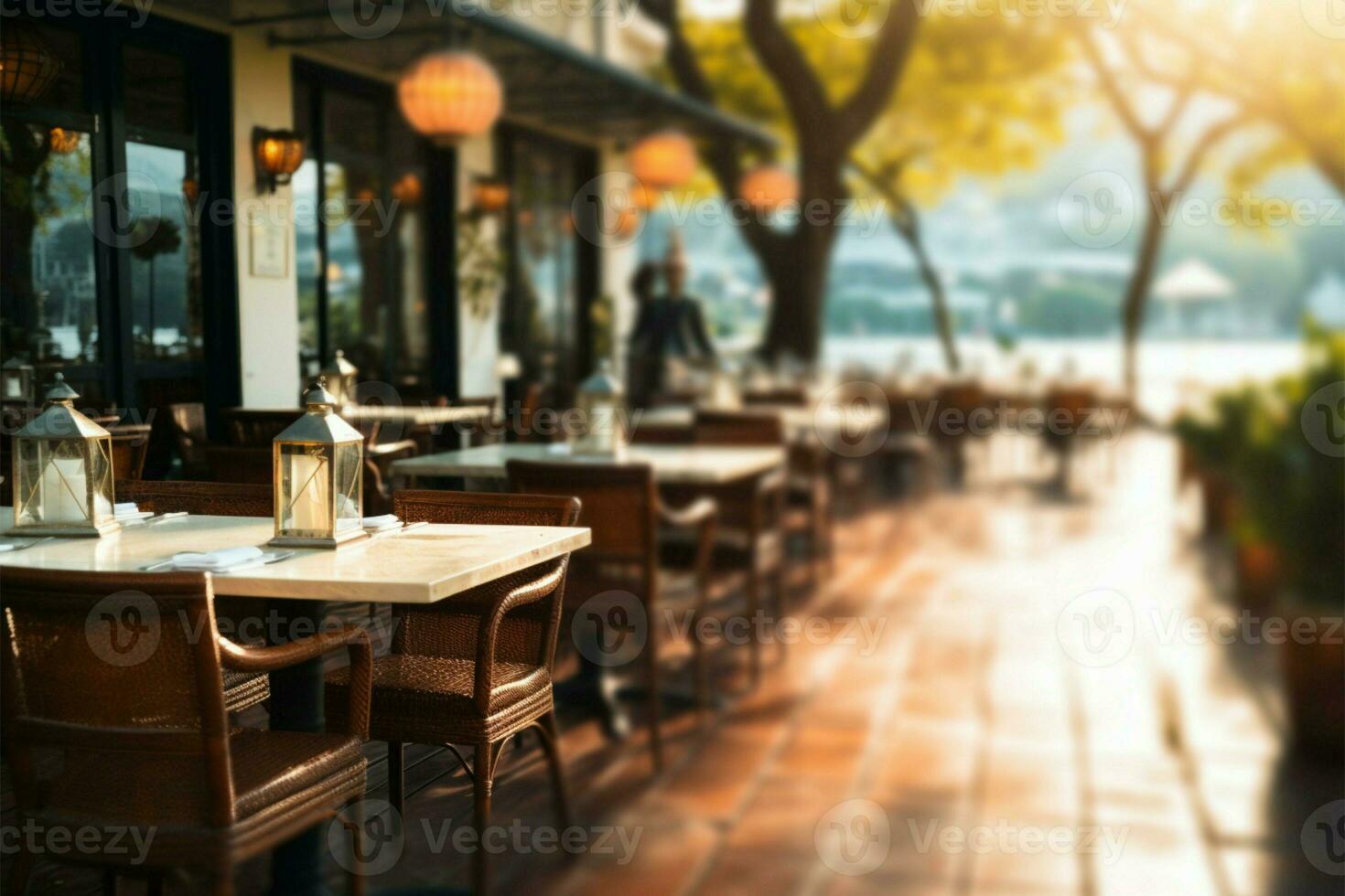 Outdoor restaurant ambiance creatively blurred for an evocative background AI Generated photo