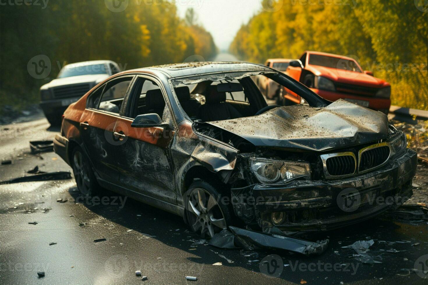 la carretera accidente involucrando vehículos en un angustioso coche colisión escena ai generado foto
