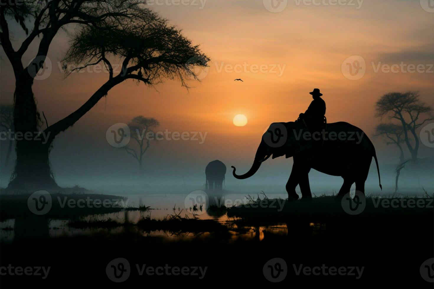 Silhouette of a mahout riding an elephant beneath a tree, pre dawn AI Generated photo