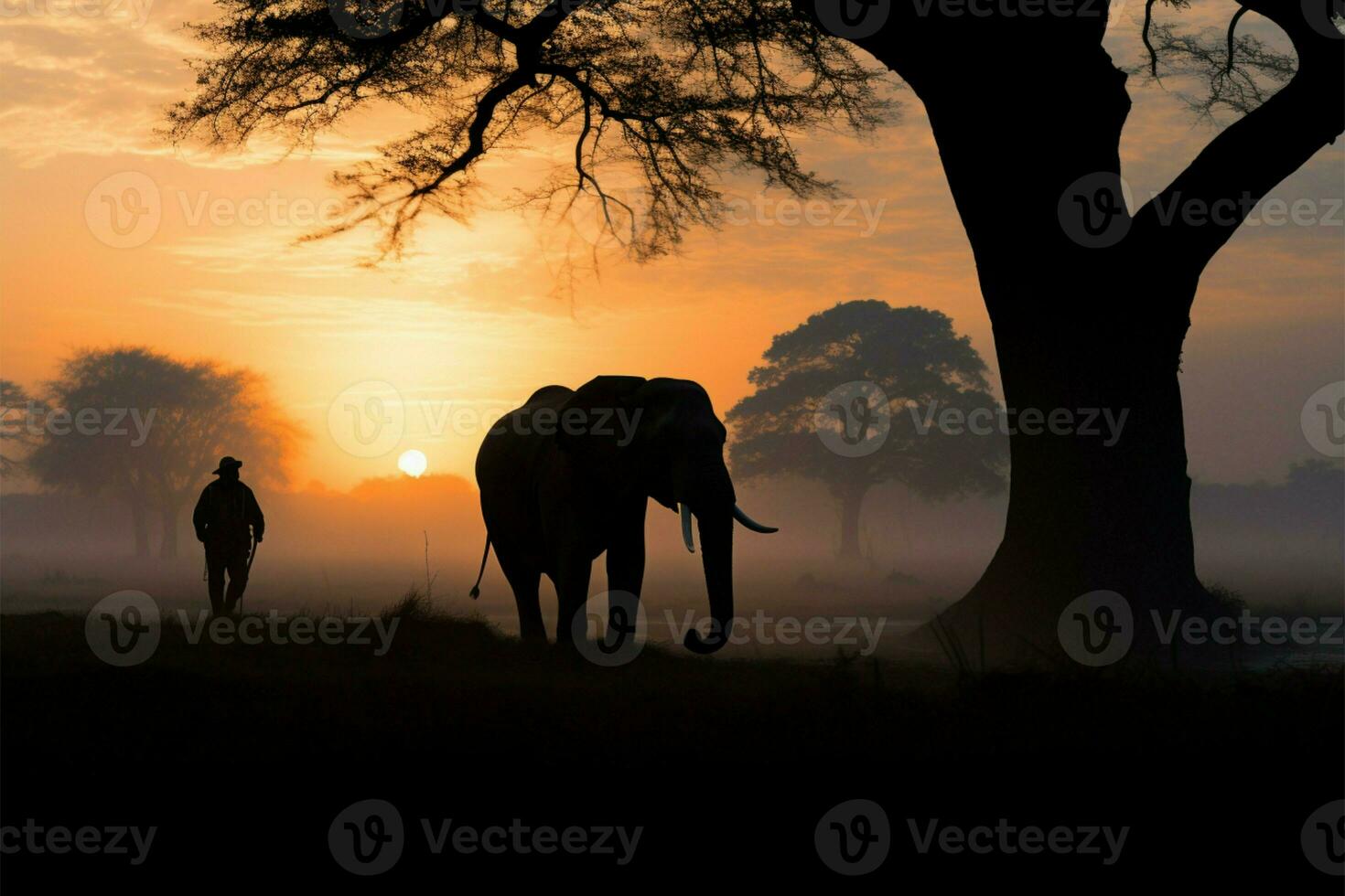 Silhouetted mahout rides an elephant beneath a tree at sunrise AI Generated photo