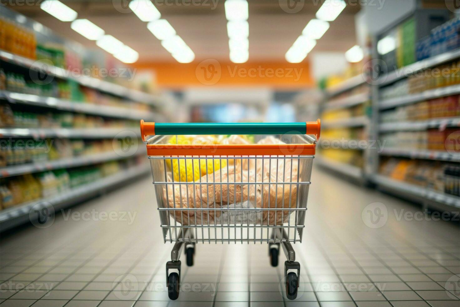 Shopping cart in a supermarket, creating an everyday shopping backdrop AI Generated photo