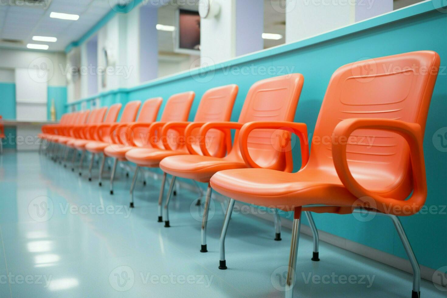 Hospital waiting room with rows of chairs for patients and visitors AI Generated photo