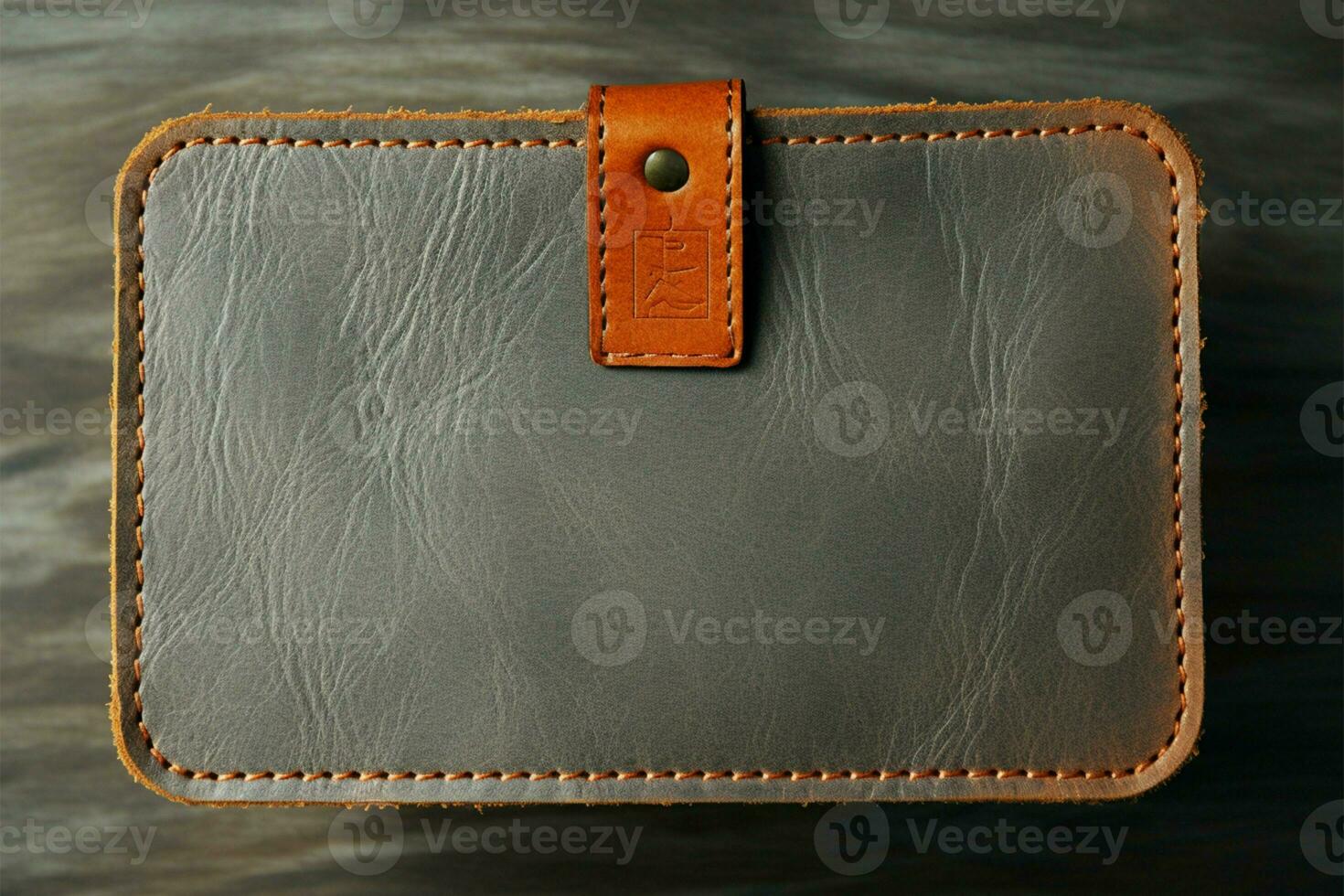 Minimalist charm Blank leather tag on a textured gray background AI Generated photo