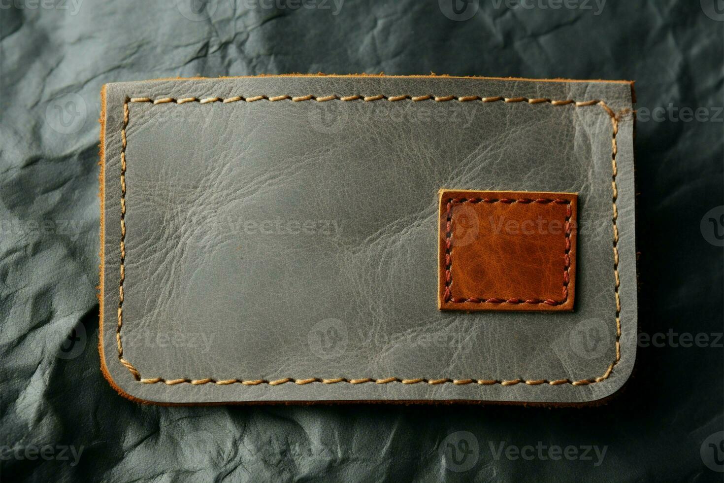 Minimalist charm Blank leather tag on a textured gray background AI Generated photo