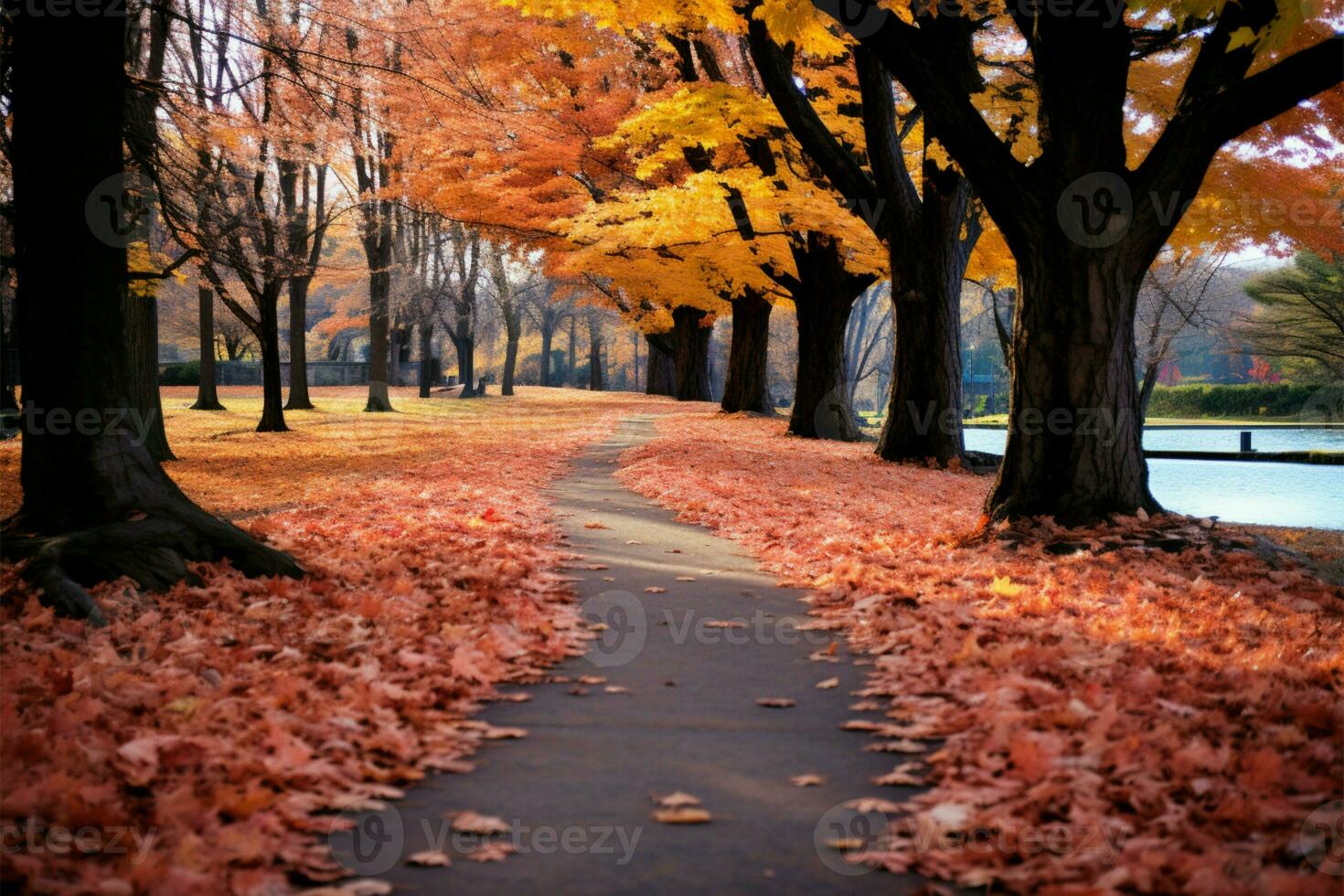Maple leaves gracefully blanket the park path in vibrant autumn hues AI Generated photo