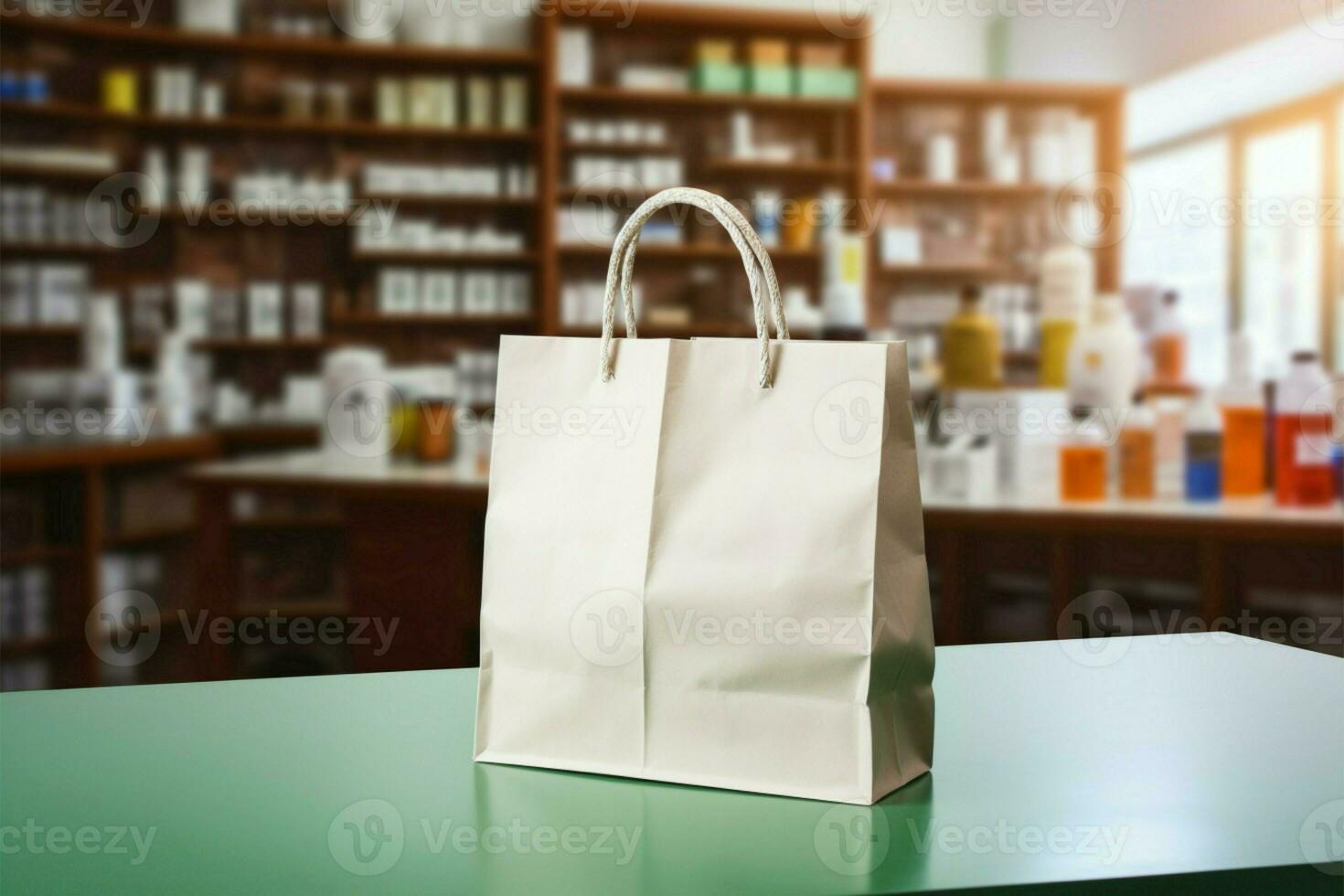 Pharmacy counter paper bag amid health products, blurred store backdrop AI Generated photo