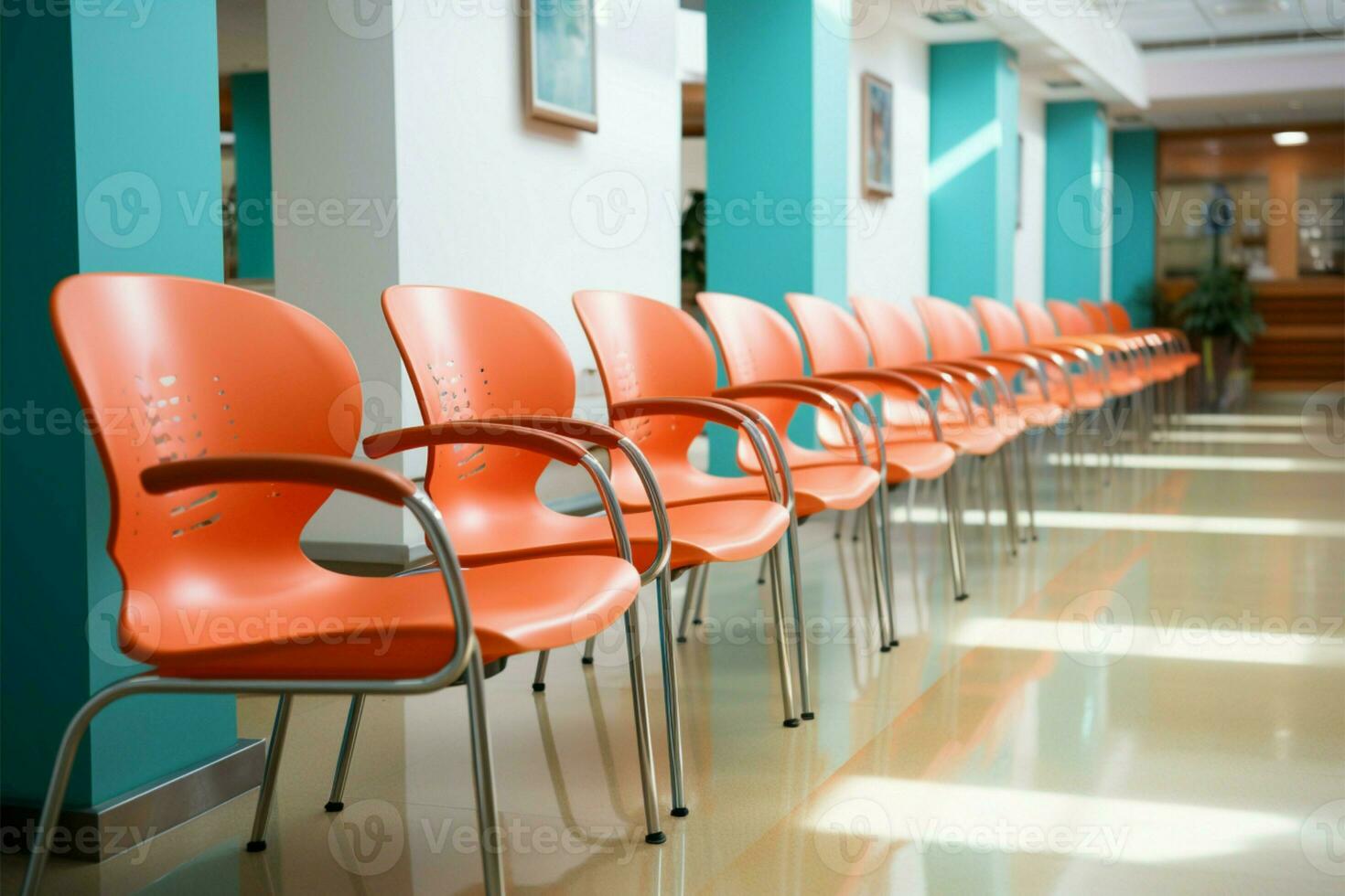 Hospital waiting room with rows of chairs for patients and visitors AI Generated photo