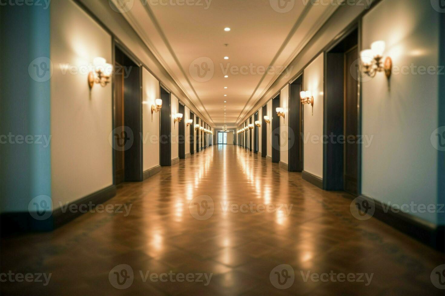 Hotel corridor with elegant decor, providing a luxurious and inviting background AI Generated photo