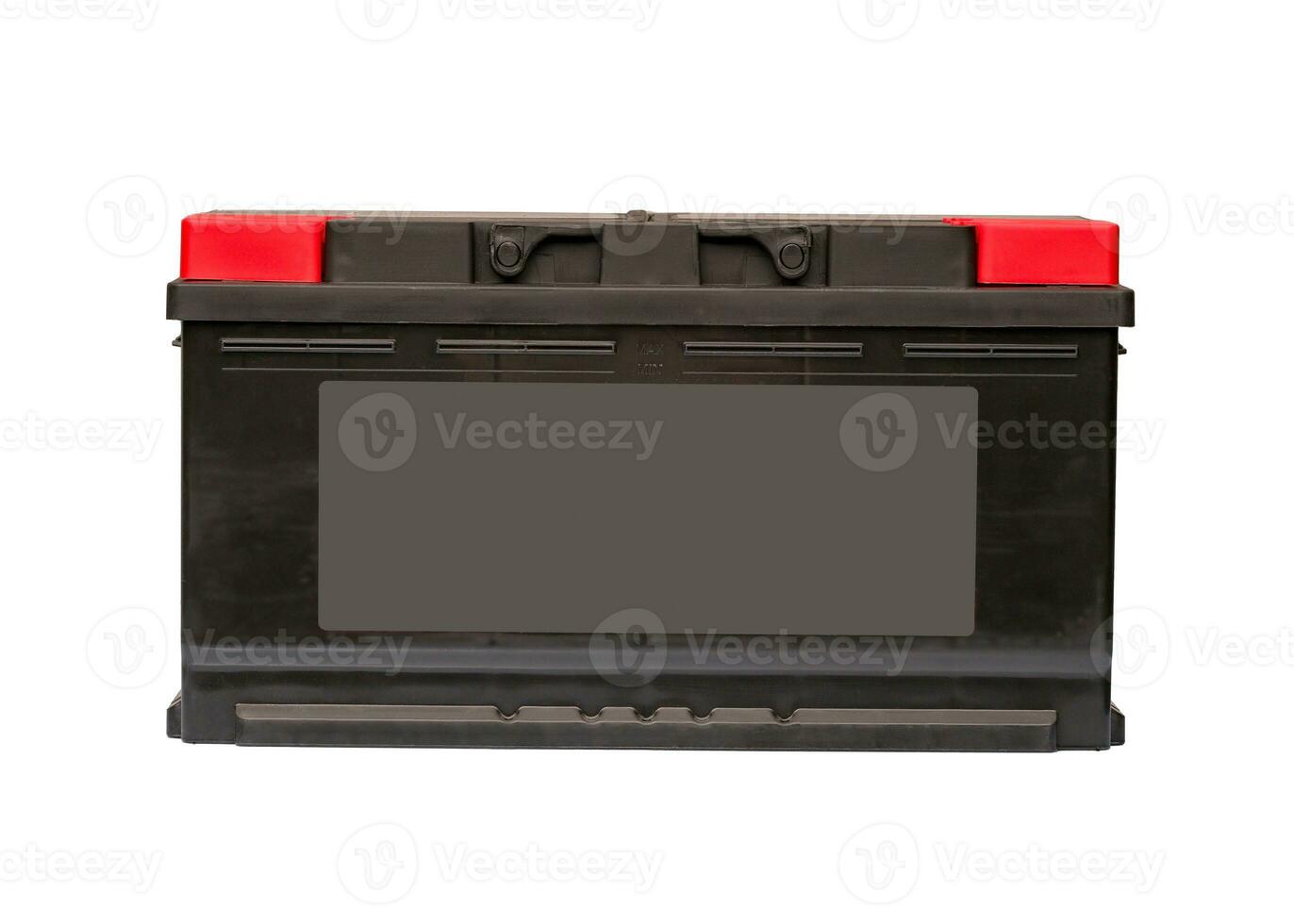 black car battery closeup on a white background, front view photo