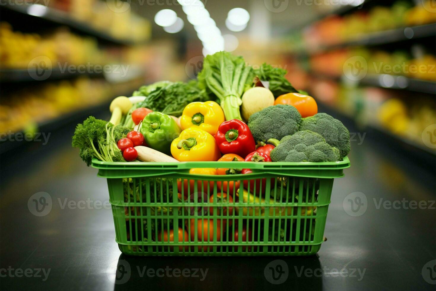 Fresco Produce en un carro, un vibrante escena a el supermercado ai generado foto